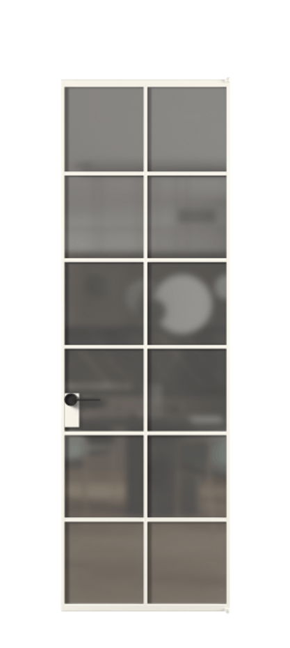 Алюминиевая дверь АЛПЛ040.05 Алюминий пудровый белый Сатинированное серое стекло, триплекс Цена 123295  | Volhovec