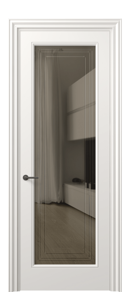 Межкомнатная дверь Mascot 8400 Матовый пудровый белый Прозрачное бронзовое стекло с гравировкой "Грани", триплекс, 7 мм Цена 77599 ₽ | Volhovec