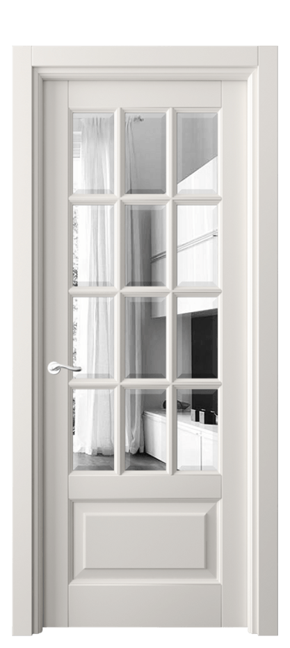 Межкомнатная дверь Лигнум 0728 Матовый пудровый белый Двустороннее зеркало с фацетом, триплекс Цена 122299 ₽ | Volhovec