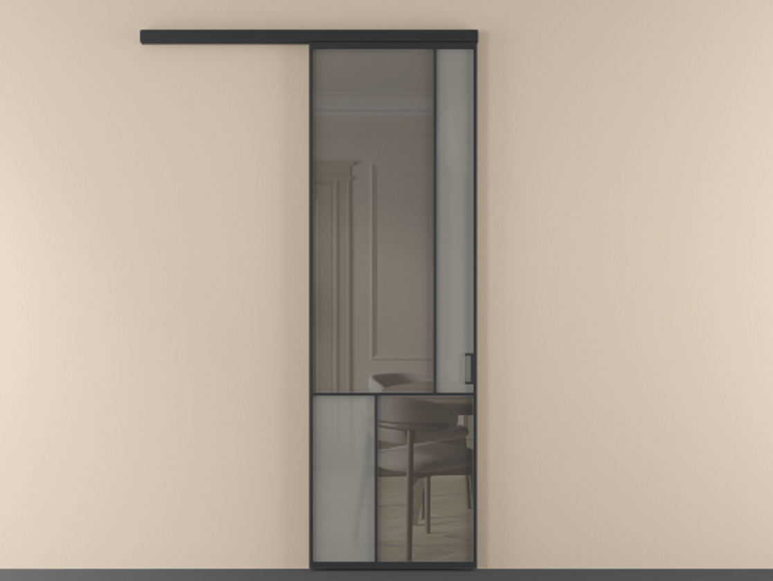 Перегородка Mosaic вдоль стены одностворчатая АЛПР 041.21 Алюминий Черный Сатинированное серое стекло, триплекс, 6 мм + Прозрачное серое стекло, триплекс, 6 мм Цена 123880 ₽ | Volhovec