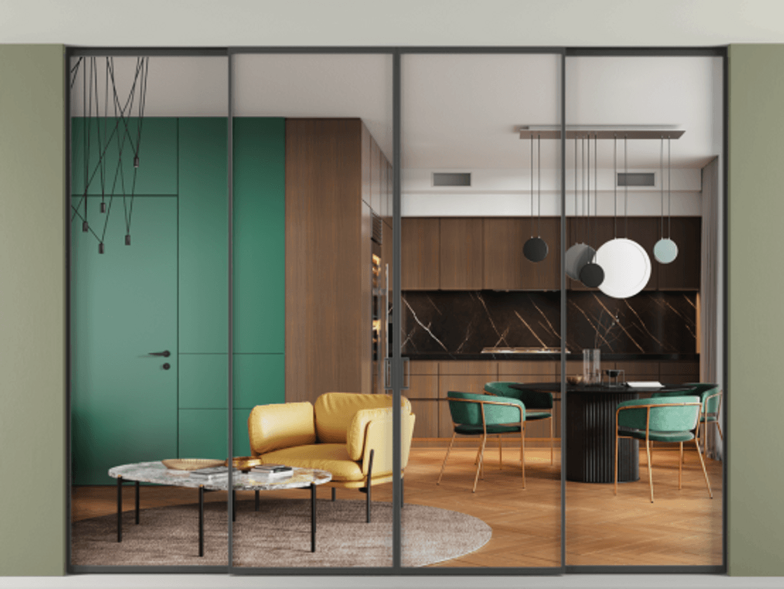 Перегородка Формато внутри проёма скрытое крепление в потолок 4 створки АЛПР 040.01  Прозрачное стекло "Кристал Вижн", калёное Цена 654970  | Volhovec