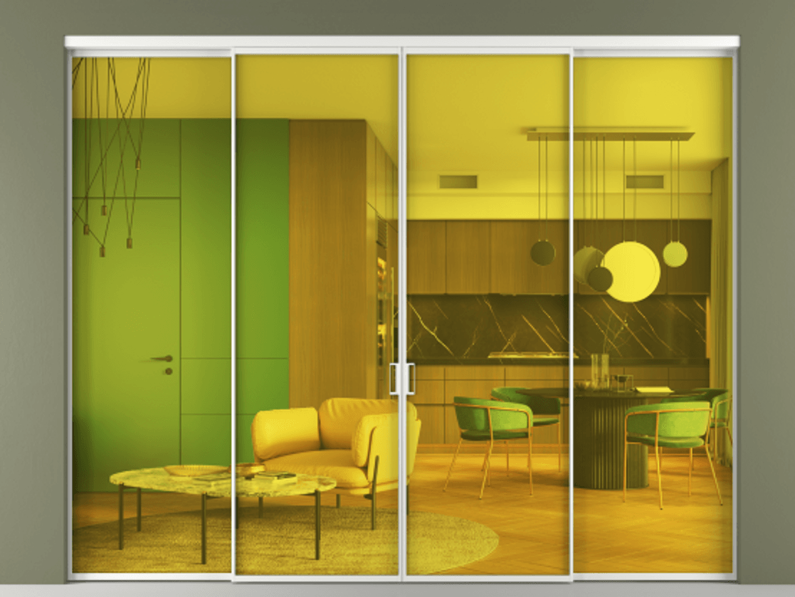 Перегородка Формато внутри проёма 4 створки АЛПР 040.01 Алюминий белоснежный Прозрачное жёлтое стекло, триплекс Цена 351820 ₽  | Volhovec