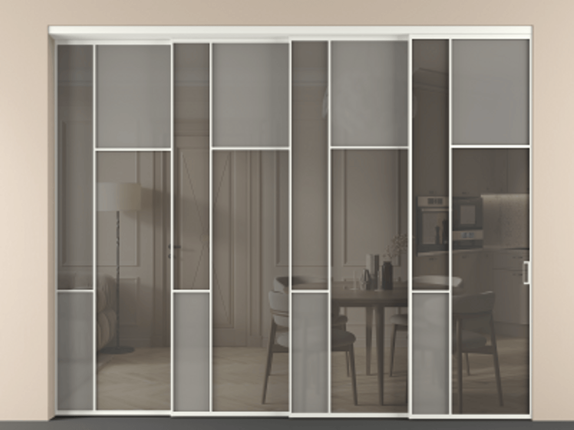 Перегородка Мозаик внутри проёма 4 створки с синхронным механизмом АЛПР 041.11 Алюминий тёплый серый Сатинированное серое стекло, триплекс, 6 мм + Прозрачное серое стекло, триплекс Цена 587520 ₽ | Volhovec