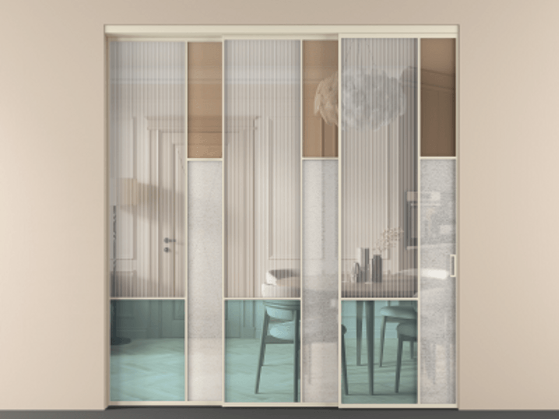 Перегородка Mosaic внутри проёма 3 створки с синхронным механизмом АЛПР 041.12 Алюминий бежево-серый Комбинация стекол Группы 1 и Группы 3 Цена 455390 ₽ | Volhovec