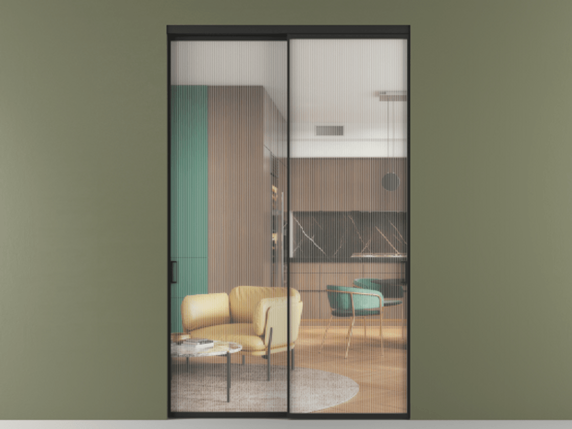 Перегородка Formato внутри проёма двустворчатая АЛПР 040.01 Алюминий Черный Рифлёное стекло "Moru", триплекс Цена 195600 ₽  | Volhovec