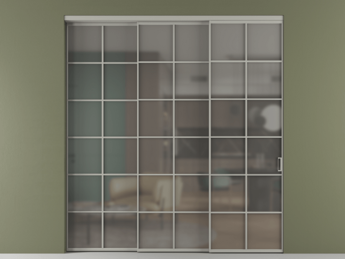 Перегородка Formato внутри проёма 3 створки с синхронным механизмом АЛПР 040.05 Алюминий нейтральный серый Сатинированное серое стекло, триплекс. Цена 413000 ₽ 1. Полотно 3 шт. (800/2100 мм)
2. Комплект установки раздвижной системы
3. Базовый комплект фурнитуры
4. Комплект фурнитуры телескопик синхро-2
5.Ручка RONDO
. Фабрика дверей Волховец 8 (800) 551 43 19 Перегородка Formato внутри проёма 3 створки с синхронным механизмом АЛПР 040.05 Алюминий нейтральный серый Сатинированное серое стекло, триплекс Цена 413000 ₽ | Volhovec