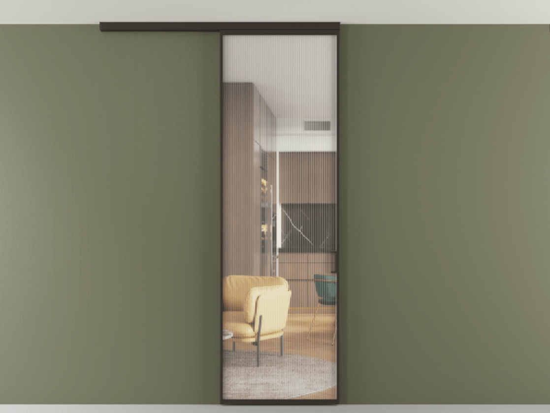 Перегородка Formato вдоль стены на потолок 1 створка АЛПР 040.01 Алюминий антрацит Рифлёное стекло "Moru", триплекс Цена 102636 ₽ | Volhovec