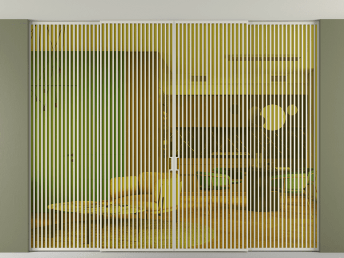 Перегородка Формато внутри проёма скрытое крепление в потолок 4 створки АЛПР 040.06 Алюминий тёплый серый Прозрачное жёлтое стекло, триплекс Цена 882210 ₽ | Volhovec