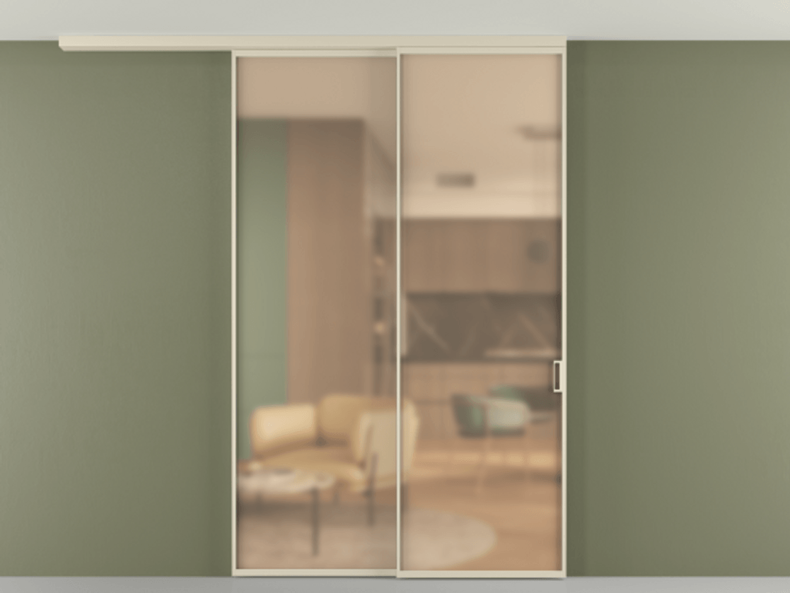 Перегородка Formato вдоль стены на потолок 2 створки с синхронным механизмом АЛПР 040.01 Алюминий бежево-серый Сатинированное оранжевое стекло, триплекс Цена 268472 ₽ | Volhovec