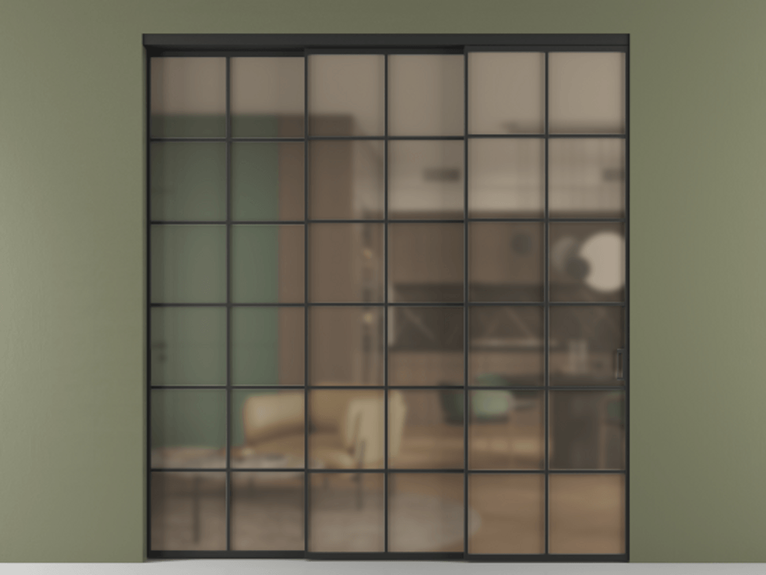 Перегородка Формато внутри проёма 3 створки с синхронным механизмом АЛПР 040.05 Алюминий Черный Сатинированное бронзовое стекло, триплекс. Скрытый короб ЧЕР Цена 346360 ₽ 1. Полотно 3 шт. (800/2100 мм)
2. Комплект установки раздвижной системы
3. Базовый комплект фурнитуры
4. Комплект фурнитуры телескопик синхро-2
5.Ручка Рондо. Фабрика дверей Волховец 8 (800) 551 43 19 Перегородка Формато внутри проёма 3 створки с синхронным механизмом АЛПР 040.05 Алюминий Черный Сатинированное бронзовое стекло, триплекс Цена 346360 ₽ | Volhovec