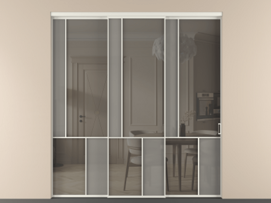 Перегородка Мозаик внутри проёма 3 створки с синхронным механизмом АЛПР 041.20  Алюминий Белый Сатинированное серое стекло, триплекс, 6 мм + Прозрачное серое стекло, триплекс Цена 417070  | Volhovec