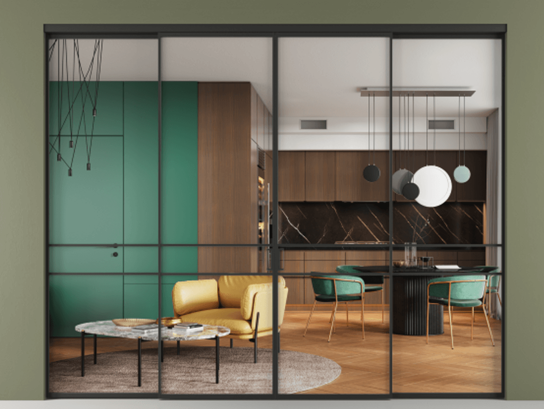 Перегородка Формато внутри проёма 4 створки АЛПР 040.02 Алюминий Черный Прозрачное стекло "Кристал Вижн", калёное Цена 413200 ₽  | Volhovec