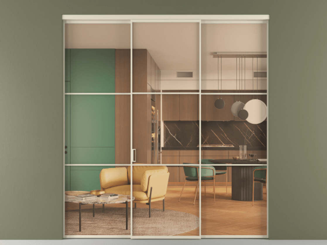 Перегородка Formato внутри проёма 3 створки АЛПР 040.03 Алюминий бежево-серый Прозрачное оранжевое стекло, триплекс Цена 273390 ₽ | Volhovec