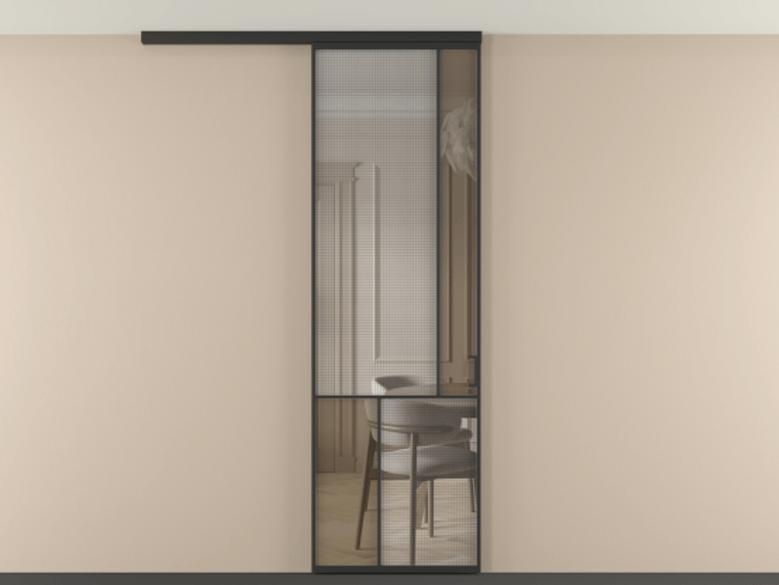 Перегородка Mosaic вдоль стены на потолок одностворчатая АЛПР 041.21 Алюминий Черный Декоративное стекло с сеткой "Mesh silver", триплекс, 6 мм + Прозрачное бронзовое стекло, триплекс, 6 мм. Скрытый короб ЧЕР Цена 128160 ₽ . Фабрика дверей Волховец 8 (800) 551 43 19 Перегородка Mosaic вдоль стены на потолок одностворчатая АЛПР 041.21 Алюминий Черный Декоративное стекло с сеткой "Mesh silver", триплекс, 6 мм + Прозрачное бронзовое стекло, триплекс, 6 мм Цена 128160 ₽ | Volhovec