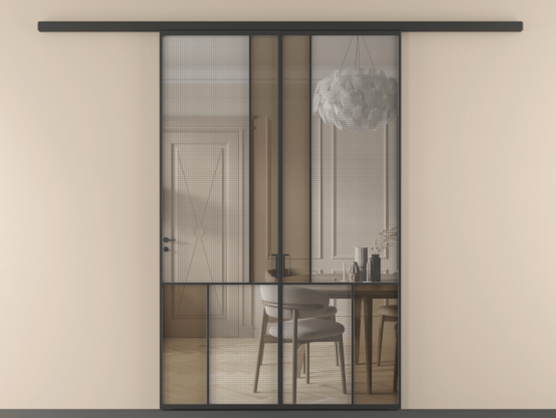 Перегородка Mosaic вдоль стены двустворчатая АЛПР 041.20 Алюминий Черный Декоративное стекло с сеткой "Mesh silver", триплекс, 6 мм + Прозрачное бронзовое стекло, триплекс, 6 мм Цена 251560 ₽ | Volhovec