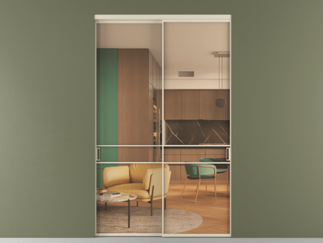 Перегородка Формато внутри проёма 2 створки АЛПР 040.02 Алюминий бежево-серый Прозрачное оранжевое стекло, триплекс Цена 475490 ₽  | Volhovec