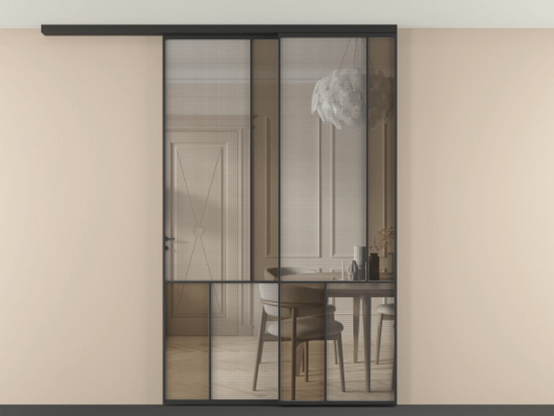 Перегородка Mosaic вдоль стены на потолок телескопик синхро 2 АЛПР 041.21 Алюминий Черный Декоративное стекло с сеткой "Mesh silver", триплекс, 6 мм + Прозрачное бронзовое стекло, триплекс, 6 мм Цена 322820 ₽ | Volhovec