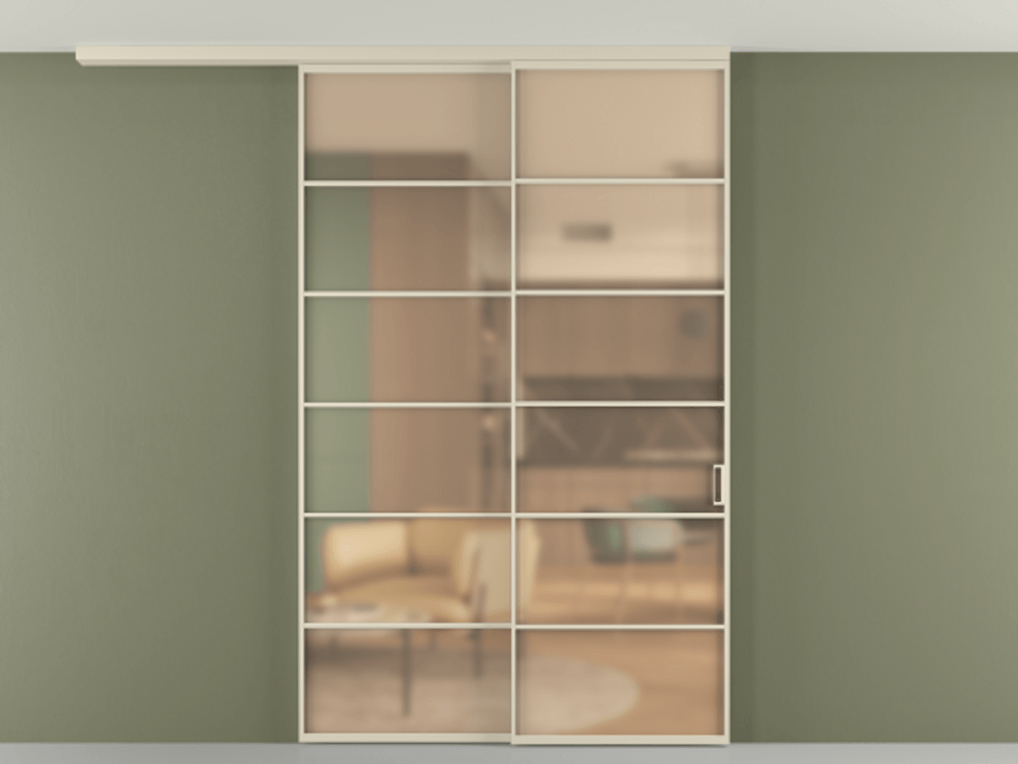 Перегородка Формато вдоль стены на потолок 2 створки с синхронным механизмом АЛПР 040.04 Алюминий бежево-серый Сатинированное оранжевое стекло, триплекс Цена 320870 ₽ | Volhovec