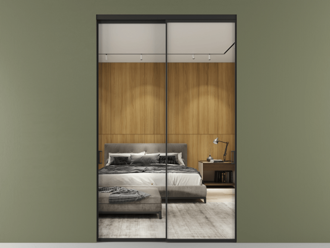 Перегородка Formato внутри проёма двустворчатая АЛПР 040.01 Алюминий Черный Двустороннее зеркало, триплекс 6 мм, триплекс 6 мм Цена 179600 ₽  | Volhovec