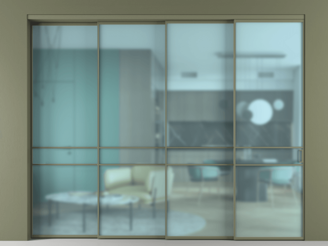 Перегородка Formato внутри проёма 4 створки с синхронным механизмом АЛПР 040.02 Алюминий оливковый тёмный Сатинированное голубое стекло, триплекс Цена 463720 ₽ | Volhovec