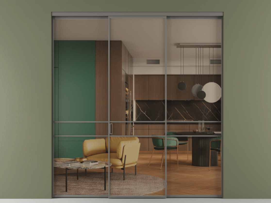 Перегородка Формато внутри проёма 3 створки АЛПР 040.02 Алюминий классический серый Прозрачное бронзовое стекло, триплекс Цена 293600 ₽ | Volhovec