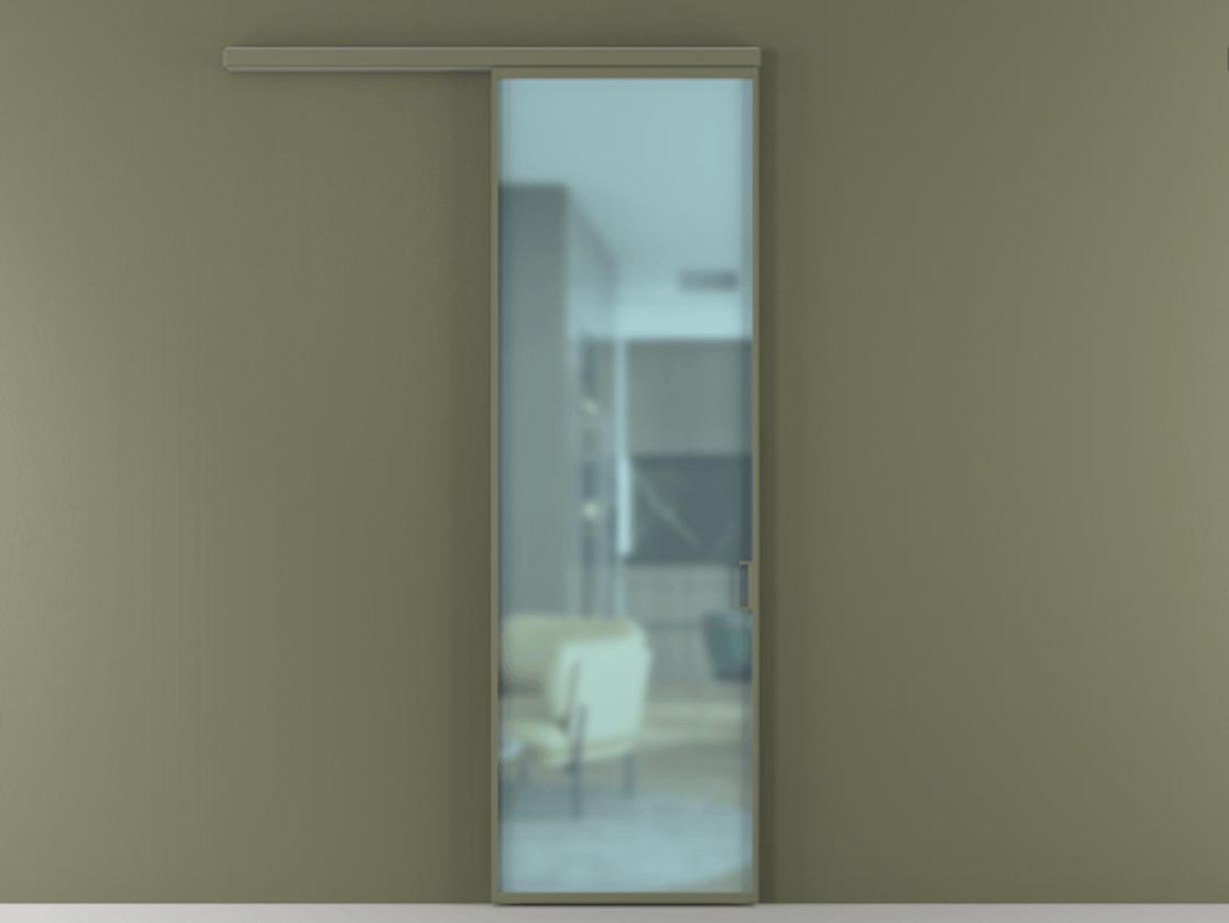 Перегородка Formato вдоль стены 1 створка АЛПР 040.01 Алюминий оливковый тёмный Сатинированное голубое стекло, триплекс Цена 98275 ₽  | Volhovec