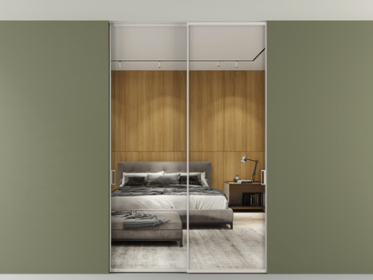 Алюминевая перегородка АЛПР 040.01_АОС_Зеркало триплекс_new. Цвет Алюминий облачно-серый. Материал Алюминий в эмали. Коллекция Перегородка Formato внутри проёма двустворчатая со скрытым креплением в потолок. Картинка.