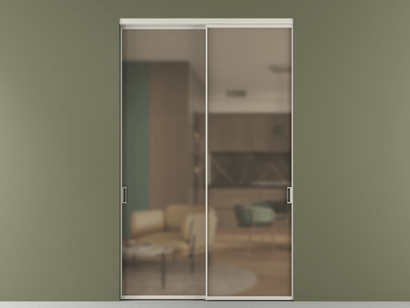 Алюминевая перегородка АЛПР 040.01_АОС_Бронза сатин триплекс_new. Цвет Алюминий облачно-серый. Материал Алюминий в эмали. Коллекция Перегородка Formato внутри проёма двустворчатая. Картинка.