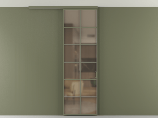 Алюминевая перегородка АЛПР 040.05_АОТ_Бронза сатин триплекс_new. Цвет Алюминий оливковый тёмный. Материал Алюминий в эмали. Коллекция Перегородка Формато вдоль стены на потолок 1 створка. Картинка.