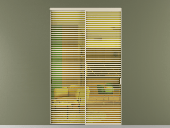 Алюминевая перегородка vn2_07_ Алюминий бежево-серый Прозрачное жёлтое стекло, триплекс, 6мм. Цвет Алюминий бежево-серый. Материал Алюминий в эмали. Коллекция Перегородка Formato внутри проёма 2 створки. Картинка.