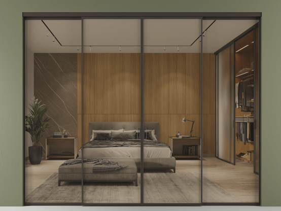 Алюминевая перегородка АЛПР 040.01_ААН_Stopsol Bronze_new. Цвет Алюминий антрацит. Материал Алюминий в эмали. Коллекция Перегородка Формато внутри проёма 4 створки. Картинка.