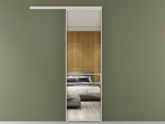 Алюминевая перегородка vd1_02_ Алюминий тёплый серый Двустороннее зеркало. Цвет Алюминий тёплый серый. Материал Алюминий в эмали. Коллекция Перегородка Formato вдоль стены 1 створка. Картинка.