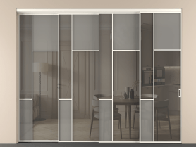 Алюминевая перегородка vntl4_5 Алюминий пудровый белый Серый сатин матовое + Серый прозрачное. Цвет Алюминий пудровый белый. Материал Алюминий в эмали. Коллекция Перегородка Мозаик внутри проёма 4 створки с синхронным механизмом. Картинка.