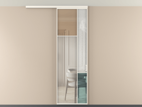 Алюминевая перегородка vdp1_7 Алюминий пудровый белый Четыре стекла. Цвет Алюминий пудровый белый. Материал Алюминий в эмали. Коллекция Перегородка Mosaic вдоль стены на потолок 1 створка. Картинка.