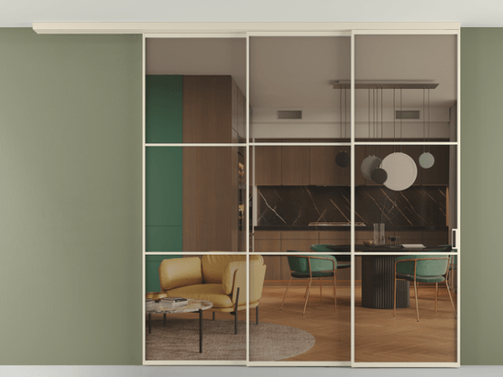 Алюминевая перегородка pv3_03_ Алюминий бежево-серый Бронза прозрачное. Цвет Алюминий бежево-серый. Материал Алюминий в эмали. Коллекция Перегородка Формато вдоль стены на потолок 3 створки с синхронным механизмом. Картинка.