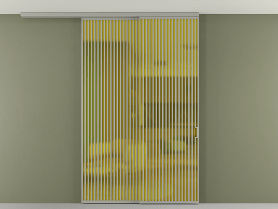 Алюминевая перегородка АЛПР 040.06_АНСР_САТ ЖЕЛ_new. Цвет Алюминий нейтральный серый. Материал Алюминий в эмали. Коллекция Перегородка Formato вдоль стены на потолок 2 створки с синхронным механизмом. Картинка.