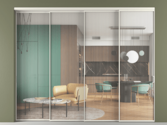 Алюминевая перегородка vn4_01 Moru БЕЛ. Цвет Алюминий Белый. Материал Алюминий. Коллекция Перегородка Формато внутри проёма 4 створки с синхронным механизмом. Картинка.