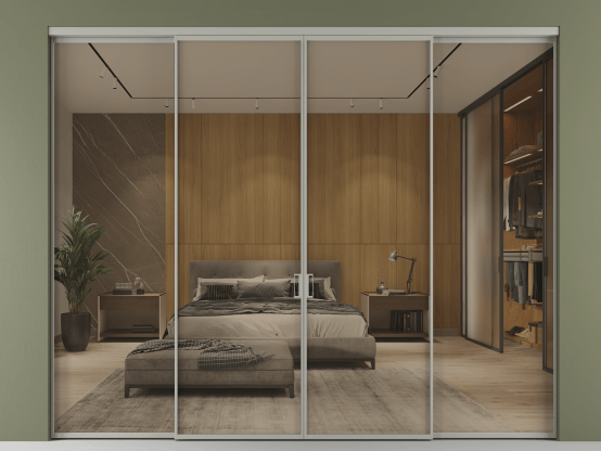 Алюминевая перегородка АЛПР 040.01_АНСР_Stopsol Bronze_new. Цвет Алюминий нейтральный серый. Материал Алюминий в эмали. Коллекция Перегородка Формато внутри проёма 4 створки. Картинка.