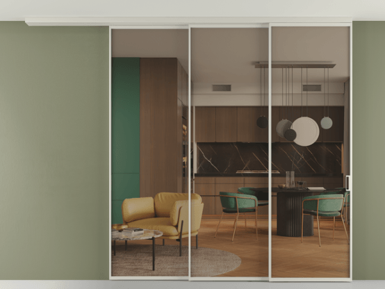 Алюминевая перегородка pv3_01_ Алюминий тёплый серый Бронза прозрачное. Цвет Алюминий тёплый серый. Материал Алюминий в эмали. Коллекция Перегородка Формато вдоль стены на потолок 3 створки с синхронным механизмом. Картинка.