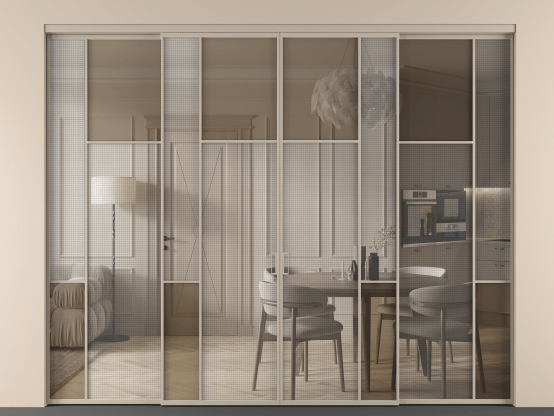 Алюминевая перегородка vnt4_5_АБСК_MS+Бронза триплекс_new. Цвет Алюминий бисквитный. Материал Алюминий в эмали. Коллекция Перегородка Mosaic внутри проёма 4 створки. Картинка.