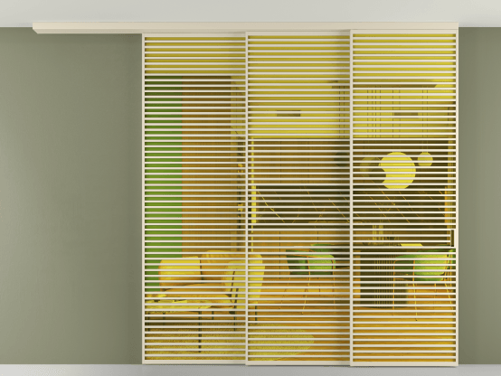 Алюминевая перегородка pv3_07_ Алюминий бежево-серый Прозрачное жёлтое стекло, триплекс, 6мм. Цвет Алюминий бежево-серый. Материал Алюминий в эмали. Коллекция Перегородка Formato вдоль стены на потолок 3 створки с синхронным механизмом. Картинка.