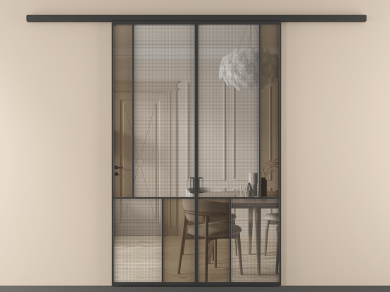 Алюминевая перегородка vd2_3 ЧЕР. Цвет Алюминий Черный. Материал Алюминий. Коллекция Перегородка Mosaic вдоль стены 2 створки. Картинка.