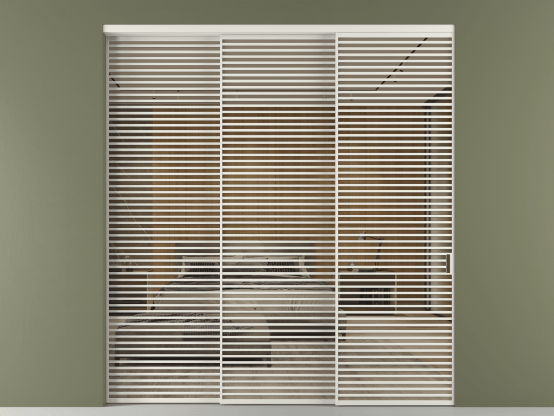 Алюминевая перегородка АЛПР 040.07_АСР_Stopsol Bronze_new. Цвет Алюминий серый. Материал Алюминий в эмали. Коллекция Перегородка Формато внутри проёма 3 створки с синхронным механизмом. Картинка.