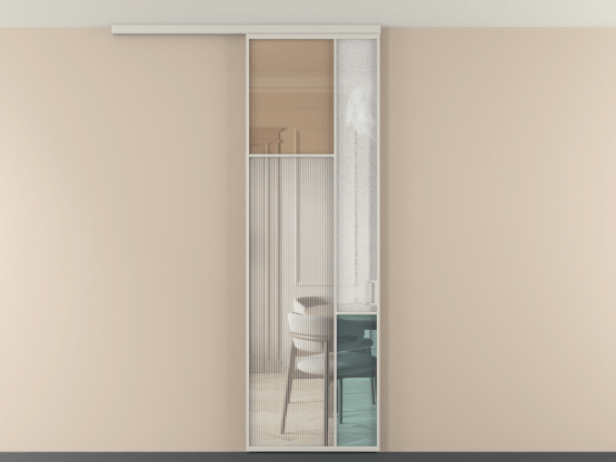 Алюминевая перегородка vdp1_7 Алюминий тёплый серый Четыре стекла. Цвет Алюминий тёплый серый. Материал Алюминий в эмали. Коллекция Перегородка Mosaic вдоль стены на потолок 1 створка. Картинка.