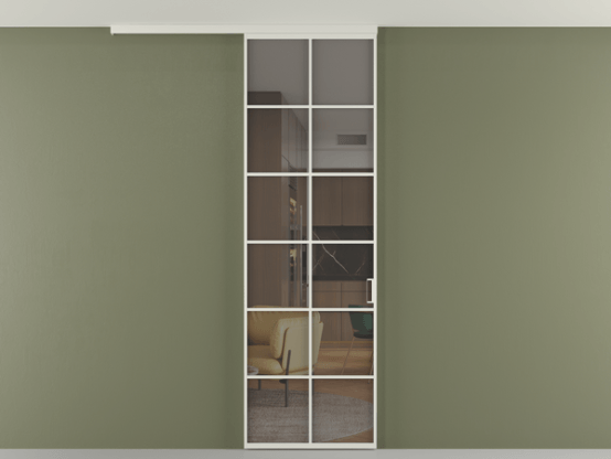 Алюминевая перегородка pv1_05 Серый прозрачное БЕЛ. Цвет Алюминий Белый. Материал Алюминий. Коллекция Перегородка Формато вдоль стены на потолок 1 створка. Картинка.