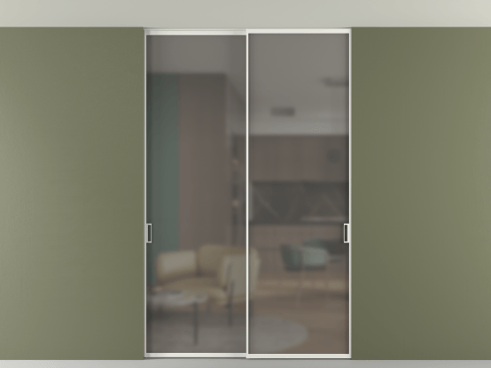 Алюминевая перегородка vn2_01 Алюминий светло-серый Серый сатин матовое. Цвет Алюминий светло-серый. Материал Алюминий в эмали. Коллекция Перегородка Формато внутри проёма скрытое крепление в потолок 2 створки. Картинка.