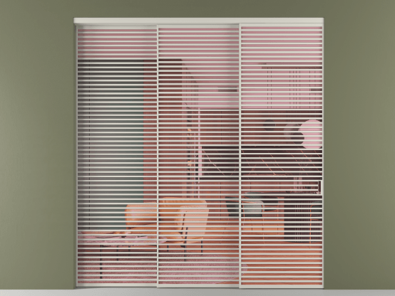 Алюминевая перегородка vn3_07_ Алюминий тёплый серый Прозрачное розовое стекло, триплекс, 6мм. Цвет Алюминий тёплый серый. Материал Алюминий в эмали. Коллекция Перегородка Formato внутри проёма 3 створки с синхронным механизмом. Картинка.