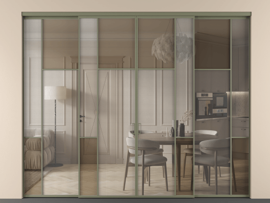 Алюминевая перегородка vnt4_5_АОТ_MS+Бронза триплекс_new. Цвет Алюминий оливковый тёмный. Материал Алюминий в эмали. Коллекция Перегородка Mosaic внутри проёма 4 створки. Картинка.