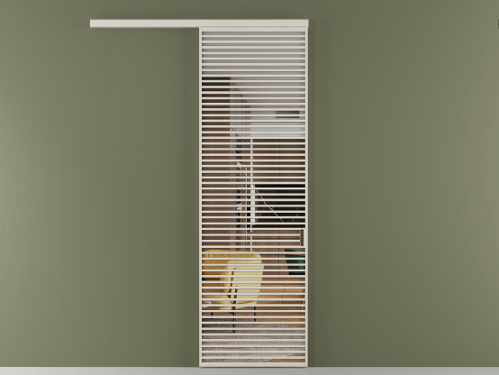 Алюминевая перегородка АЛПР 040.07_АОС_Crystalvision_new. Цвет Алюминий облачно-серый. Материал Алюминий в эмали. Коллекция Перегородка Формато вдоль стены 1 створка. Картинка.