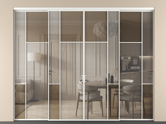 Алюминевая перегородка vnt4_5_АБЛ_MS+Бронза триплекс_new. Цвет Алюминий белоснежный. Материал Алюминий в эмали. Коллекция Перегородка Mosaic внутри проёма 4 створки. Картинка.